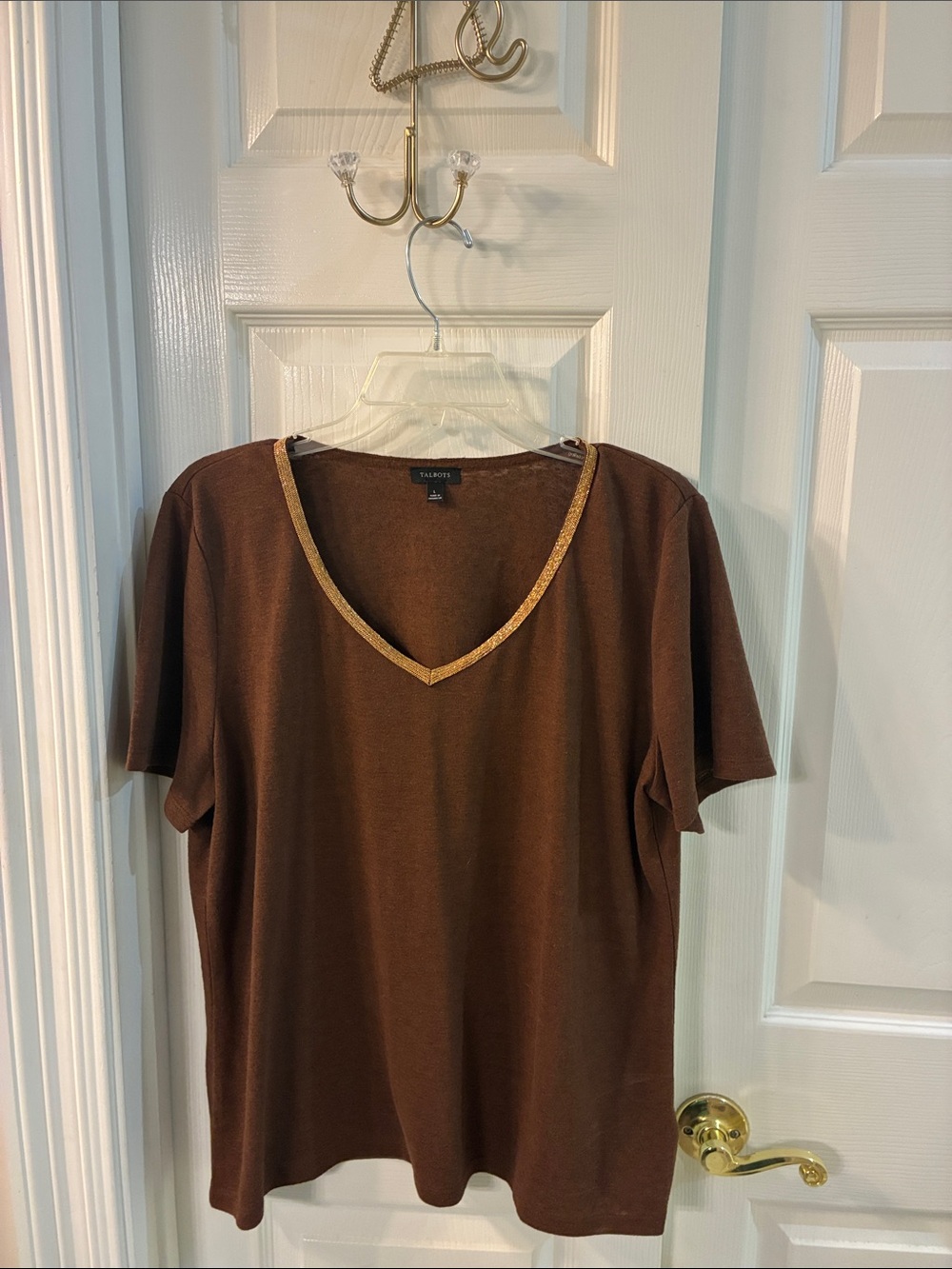 Talbots Brown Linen Blend Short Sleeve Top with Gold Trim Detail DZ L